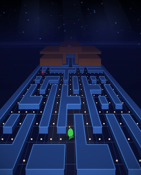 Okto-Run: a green anglerfish swims up a neon 3D racetrack, dodging pursuing octopuses.